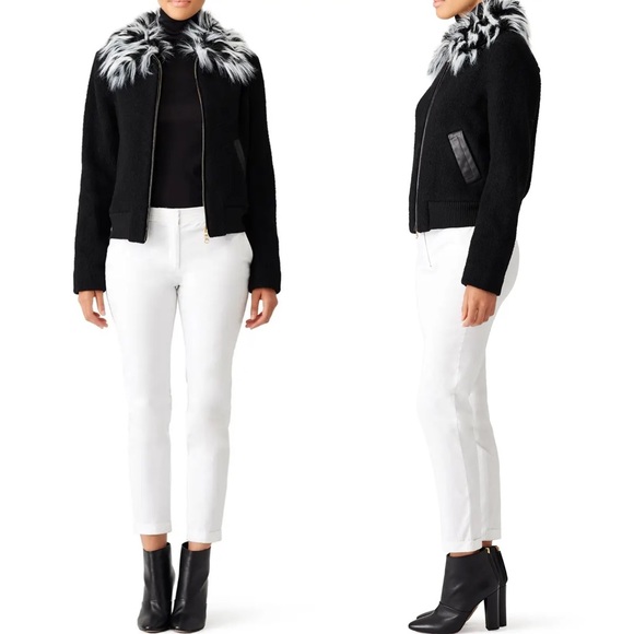 Designer ELLIE MAE Black Alea Faux Fur Collar Bomber Jacket size 2 - Picture 1 of 7